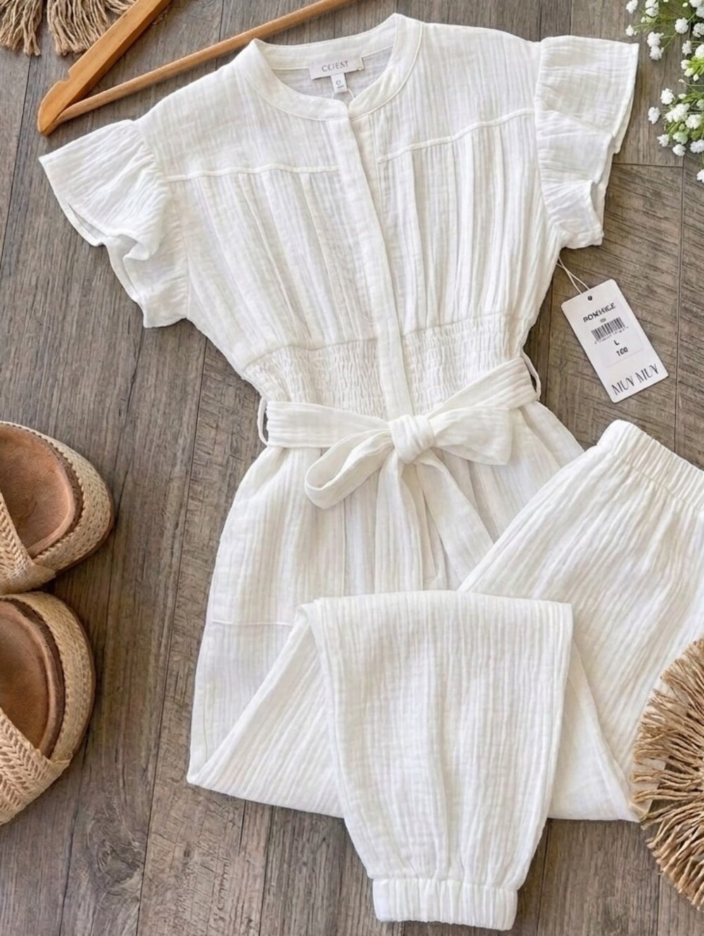 White Gauze Tie-Waist Jumpsuit with Short Flutter Sleeves